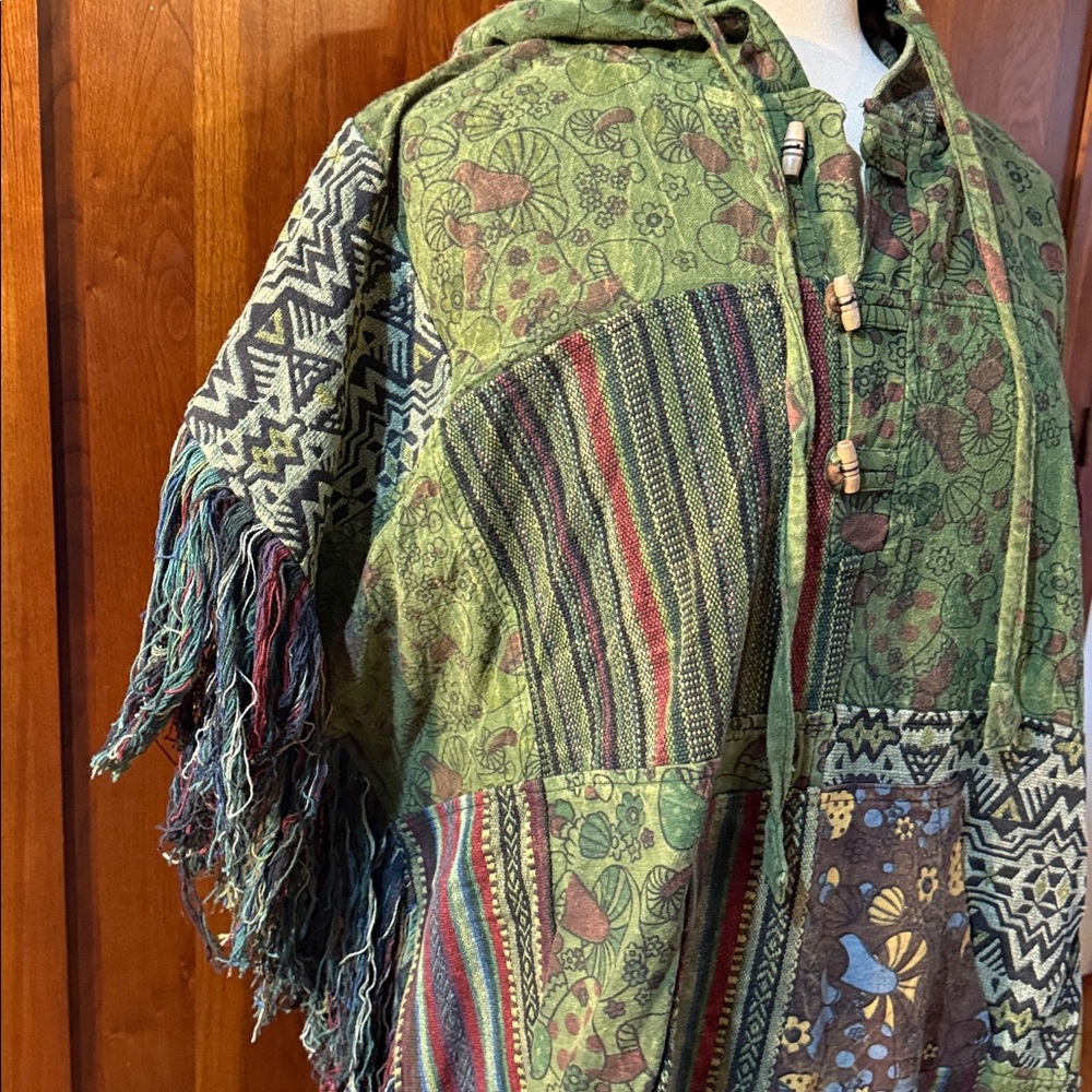 Patchwork Hooded Fringe Poncho - image 3